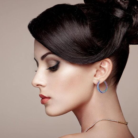 14K White Gold Sterling Silver with Multicolored Cubic Zirconia Hoop Earrings - Picture 5 of 6